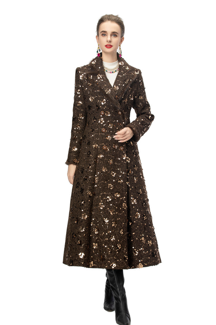 double breasted tweed long coat with metallic detailing – BRONZIA