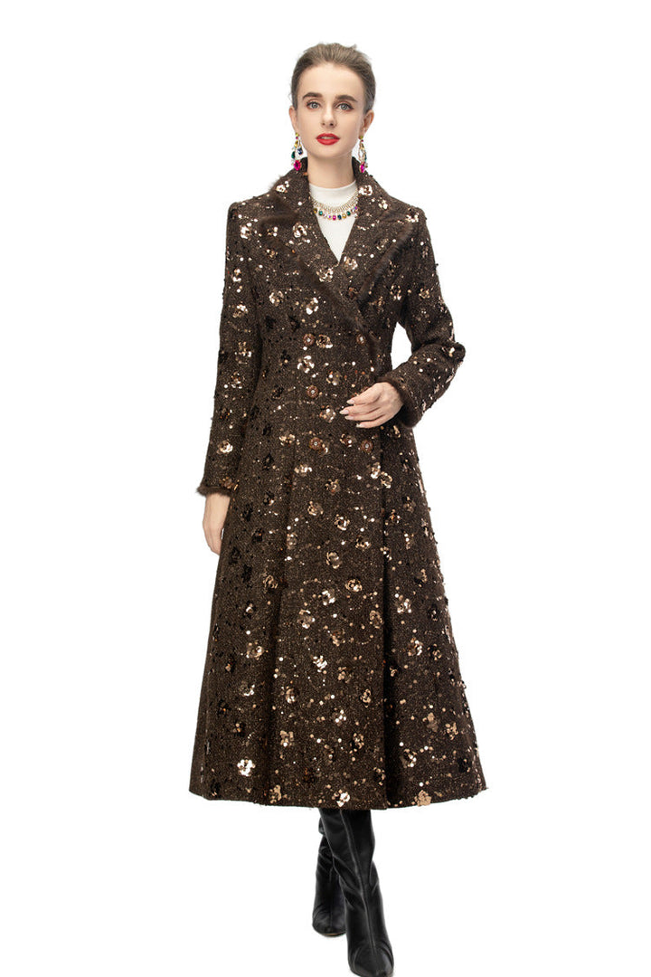 double breasted tweed long coat with metallic detailing – BRONZIA
