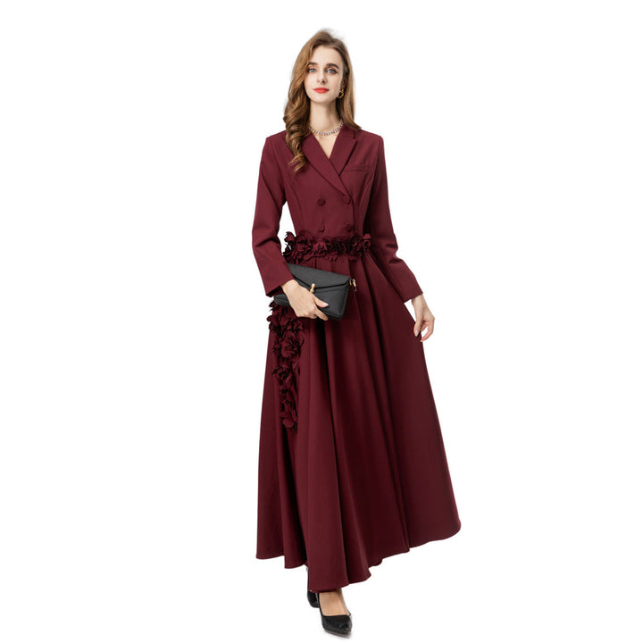 double-breasted crepe gown with 3D floral waist – ODD- MAURELLE