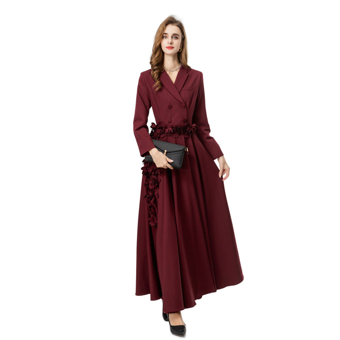 double-breasted crepe gown with 3D floral waist – MAURELLE