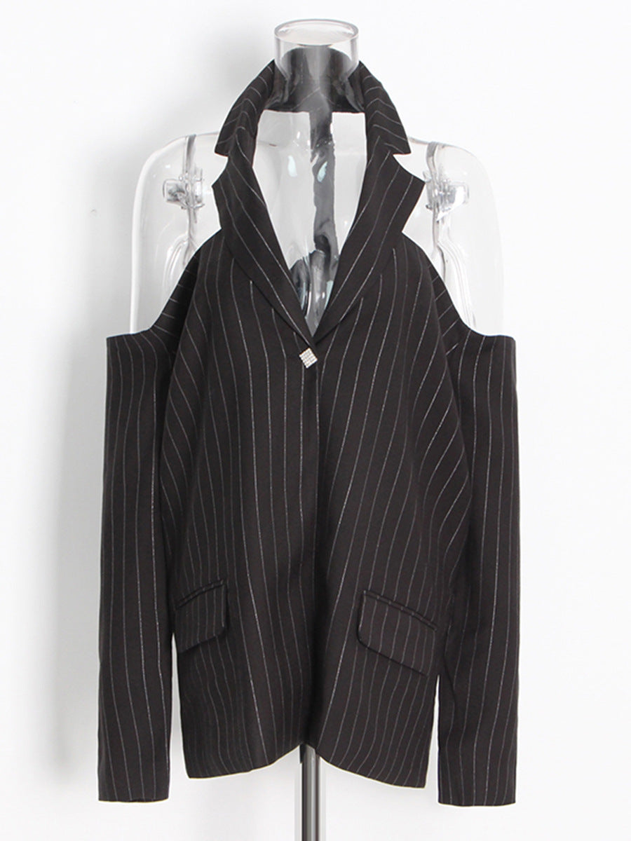 pinstripe cut-out shoulder blazer – VICTORIA