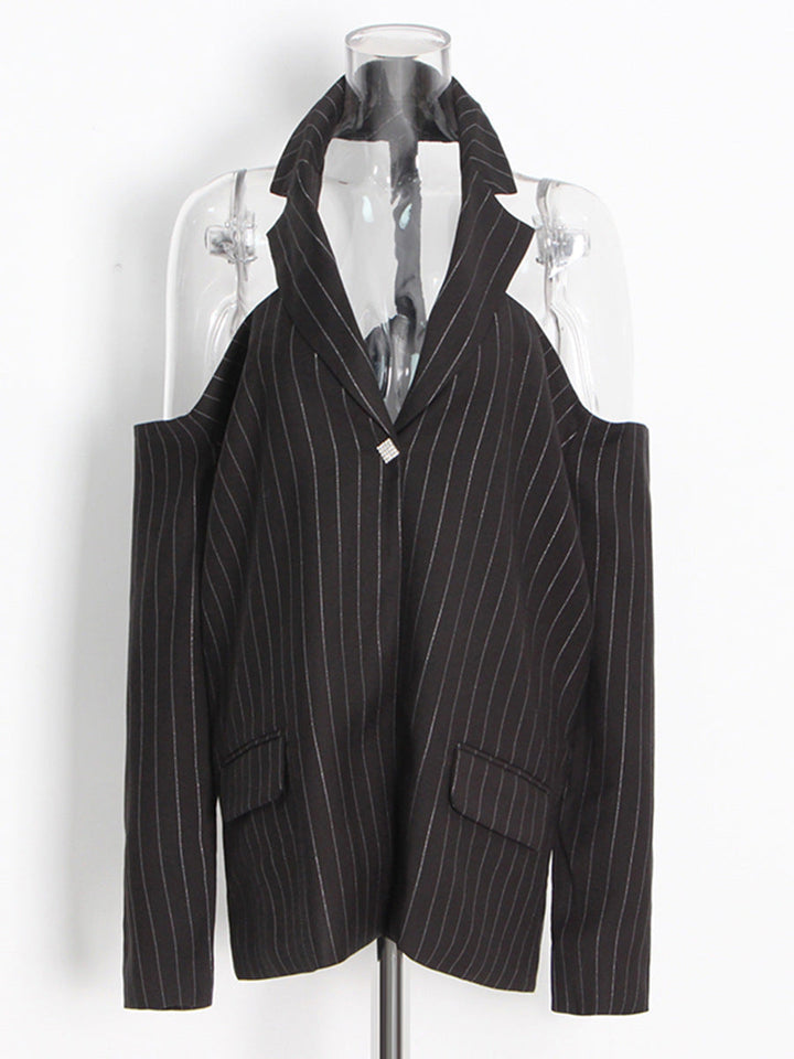pinstripe cut-out shoulder blazer – VICTORIA