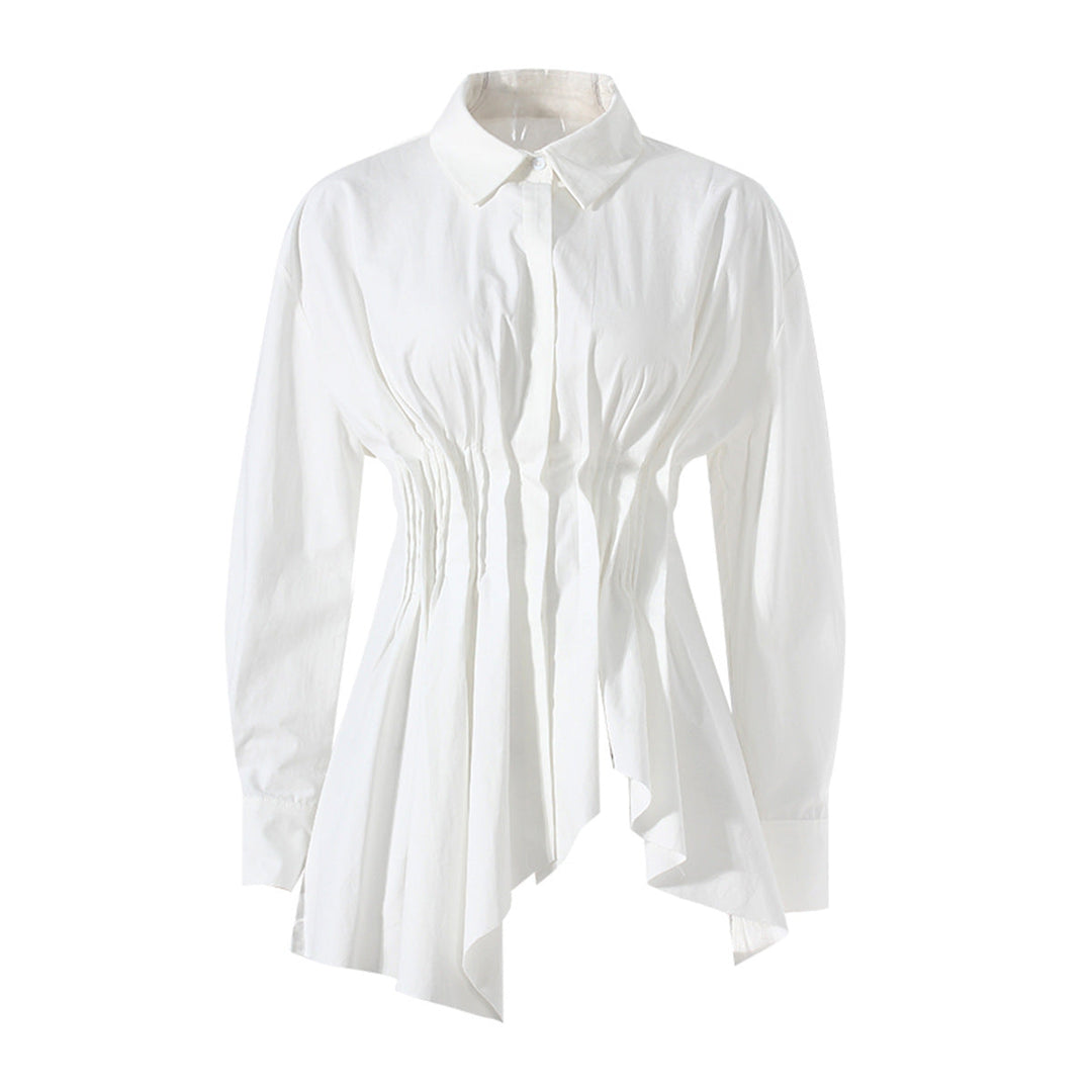 long-sleeve button-down shirt with ruched waist and flared hem – CLEO