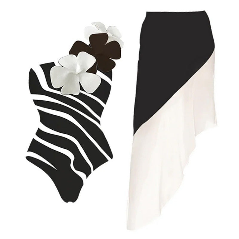 zebra stripe floral swimsuit with asymmetric wrap skirt – ASMA