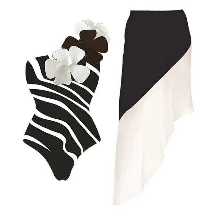 zebra stripe floral swimsuit with asymmetric wrap skirt – ASMA