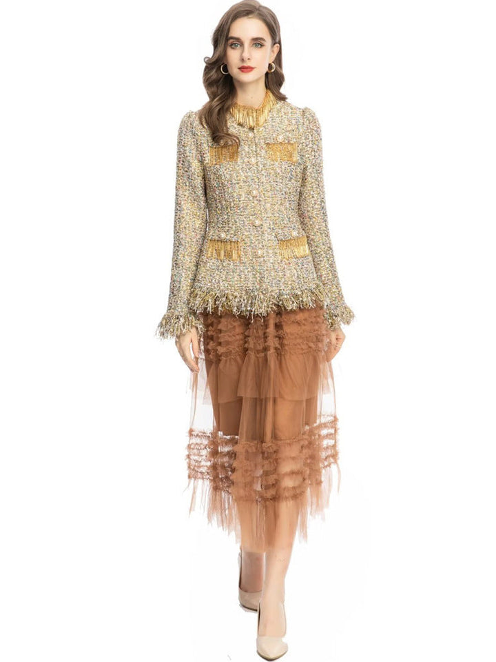 textured tweed suit with tulle midi skirt - AMIQTA