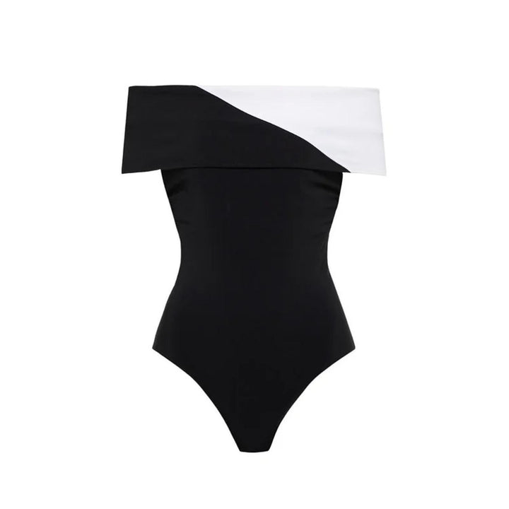 off-shoulder contrast fold swimsuit with ruffle maxi skirt – ELEGANCE