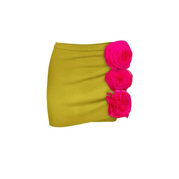rose appliqué one-piece with mini wrap skirt – LIME