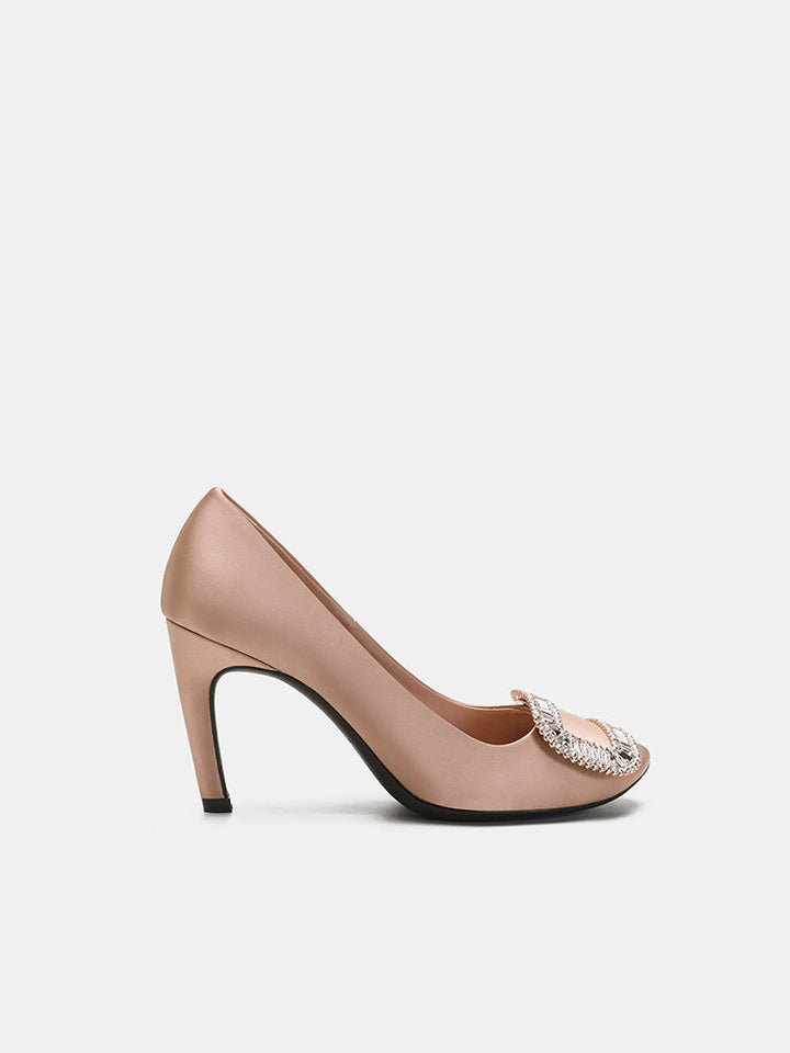 Ruby Satin Crystal Buckle Heels – ROSÉLUNE