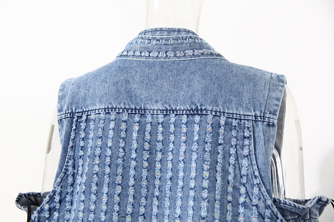 cold-shoulder embellished denim jacket with gathered sleeves – Klaew Kla