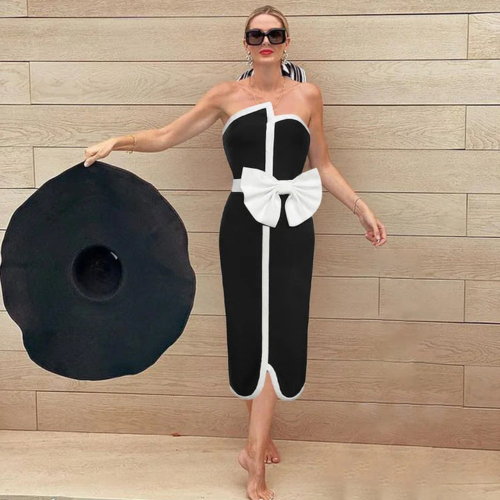 strapless bow-detail one-piece with contrast midi skirt – CHIC