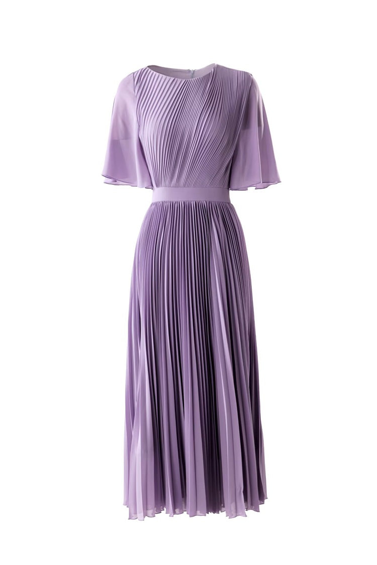 Pleated chiffon maxi dress with flutter sleeves – LILAC