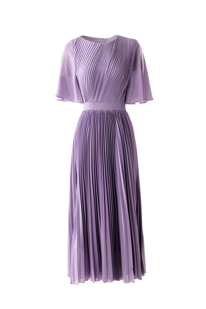 Pleated chiffon maxi dress with flutter sleeves – LILAC