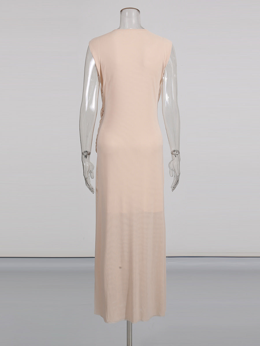 sleeveless woven draped maxi dress with pleated skirt – EZAT