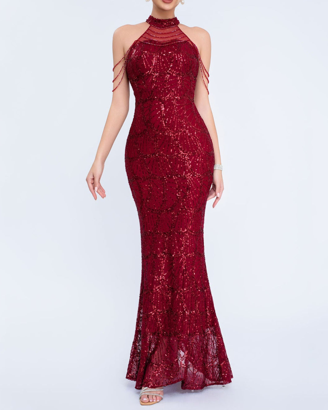 halter sequin mermaid gown with draped shoulder chains – AURORIAN