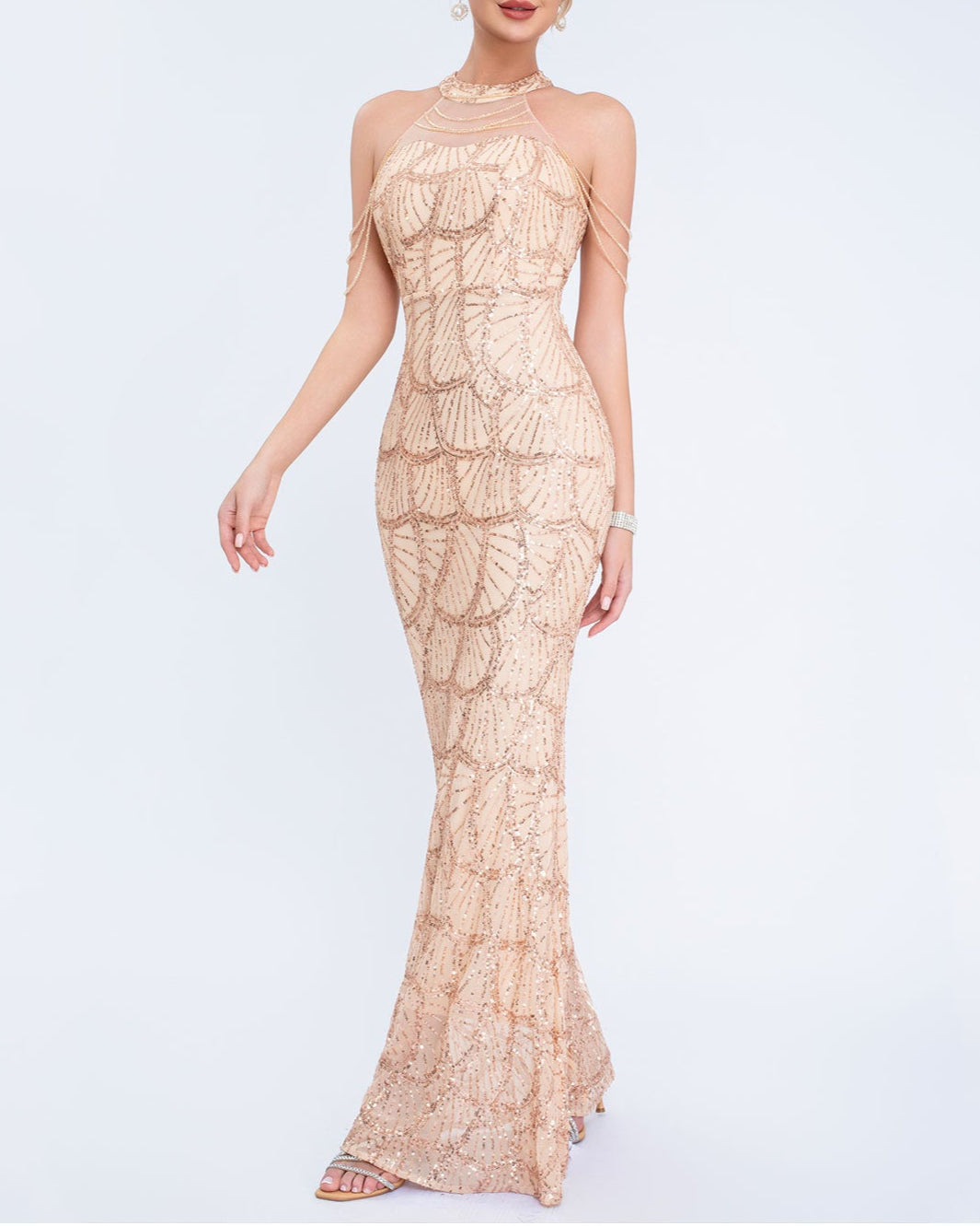 halter sequin mermaid gown with draped shoulder chains – AURORIAN
