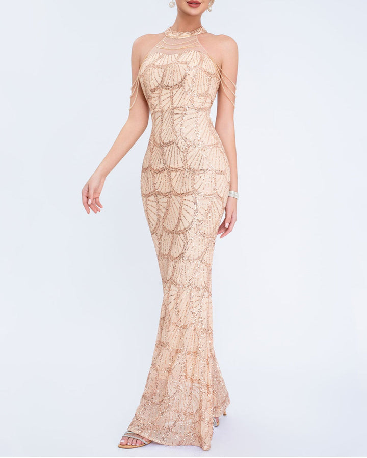 halter sequin mermaid gown with draped shoulder chains – AURORIAN