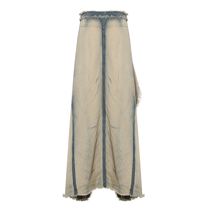 distressed denim maxi skirt with raw slit - Balthah