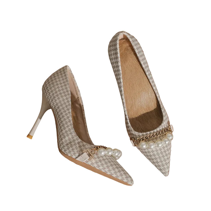 houndstooth pearl chain heels – PARIS