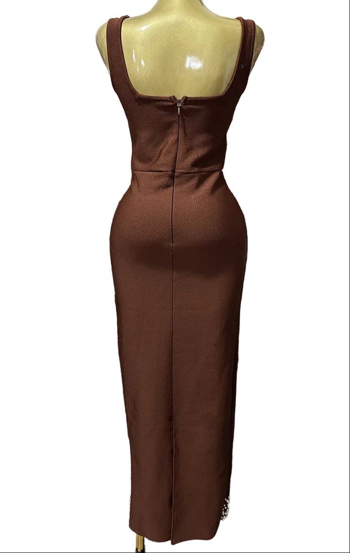 sleeveless fitted midi dress with pearl embellishments and floral straps – PEARL