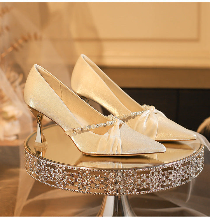 Ivory Pearl Bow Pointed Heels – LUNÉLIA