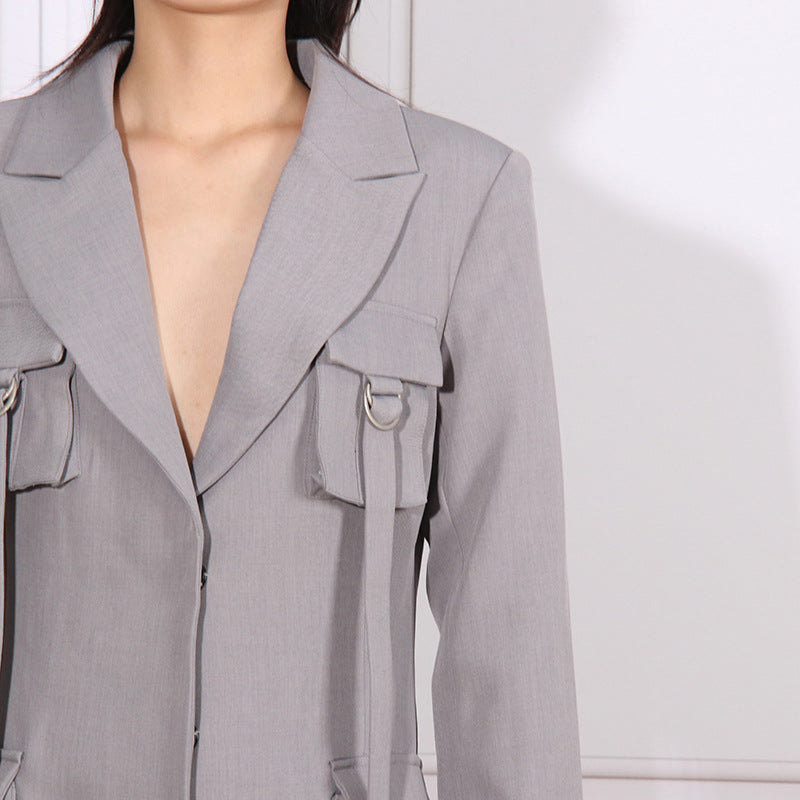 tailored long utility blazer dress with strap details – ODD- GRAYSON