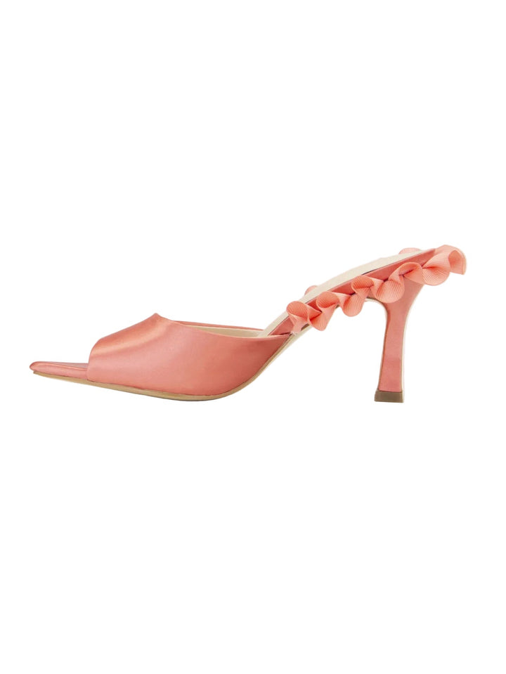 satin open-toe mule with ruffled strap detail – CORAL