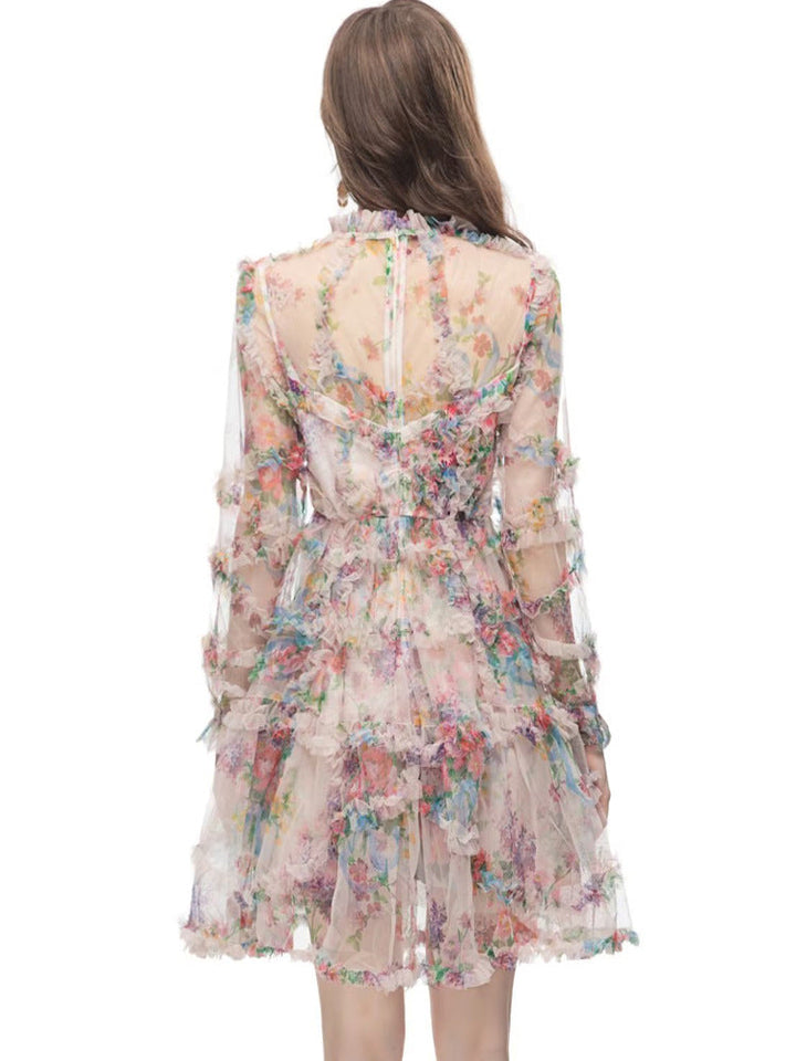 floral ruffle mini dress with sheer long sleeves – WHISPER