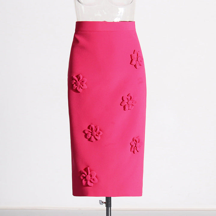 high-waist pencil skirt with 3D floral appliqué – EMERALD