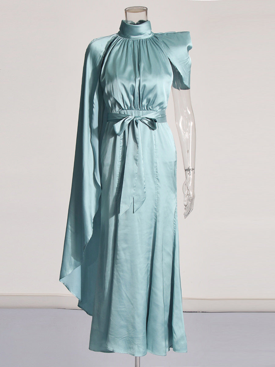 one-shoulder satin cape maxi dress with high neckline – AURORA