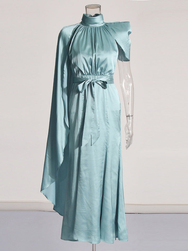 one-shoulder satin cape maxi dress with high neckline – AURORA