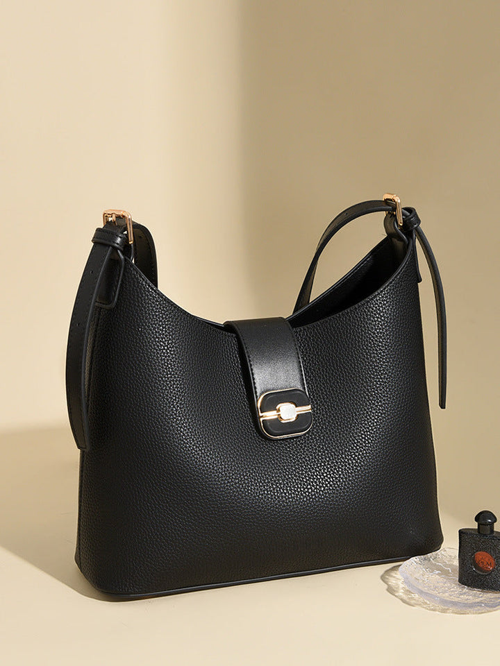 Pebbled Shoulder Bag with Buckle Flap Closure – STONE