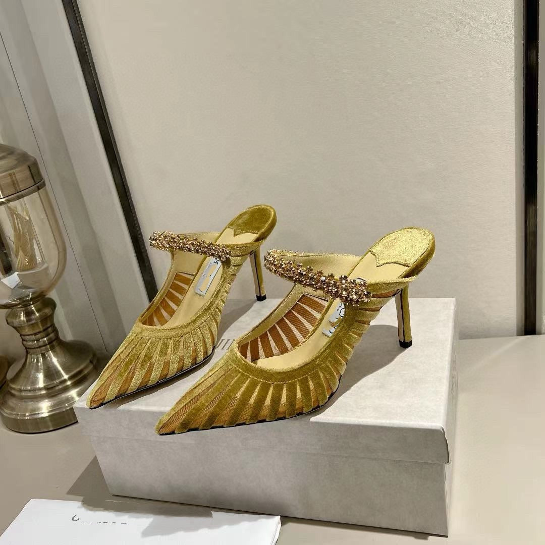 gold velvet slingback heels with crystal embellished strap – ODD- AMAALI