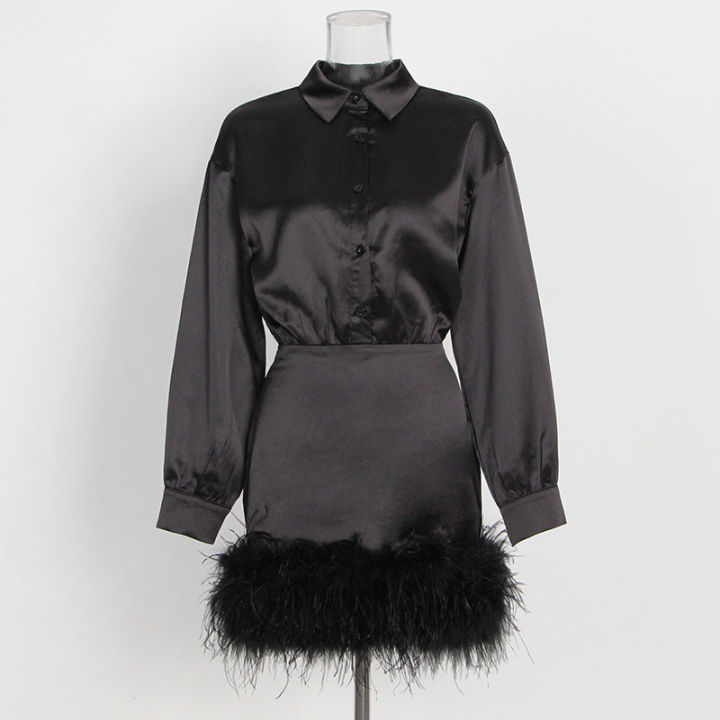 satin shirt mini dress with feather hem – CHARM
