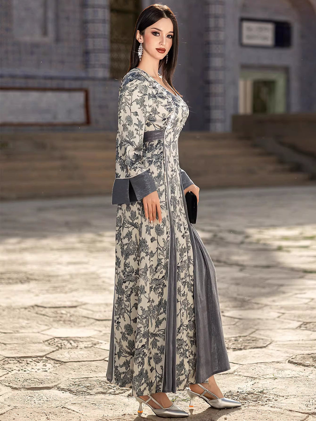 Printed Maxi Dress with Flared Sleeves and V-Neck – AURELLE
