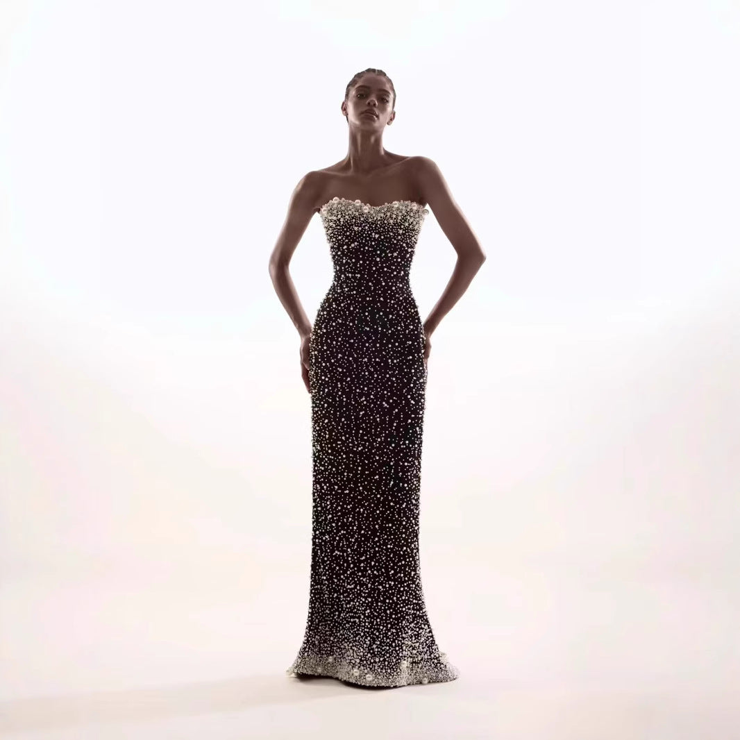 strapless column gown with pearl and crystal embellishments – AUROQSU