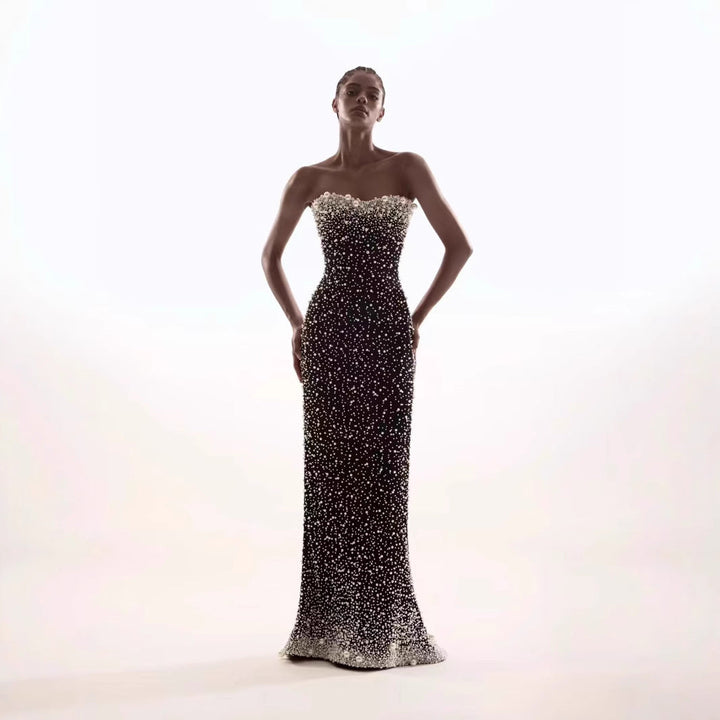 strapless column gown with pearl and crystal embellishments – AUROQSU