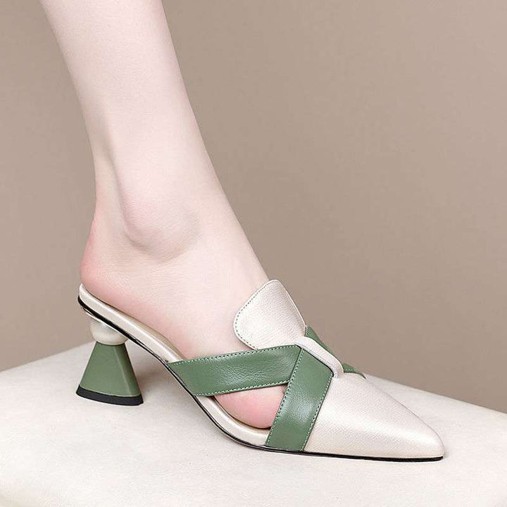pointed leather mules with green cross straps and flared heels – VERONA