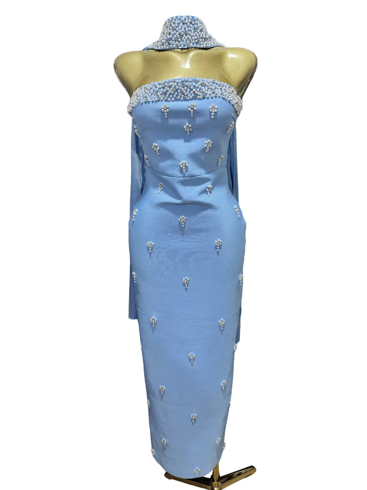 strapless fitted midi dress with pearl embellishments and choker detail – PEARL