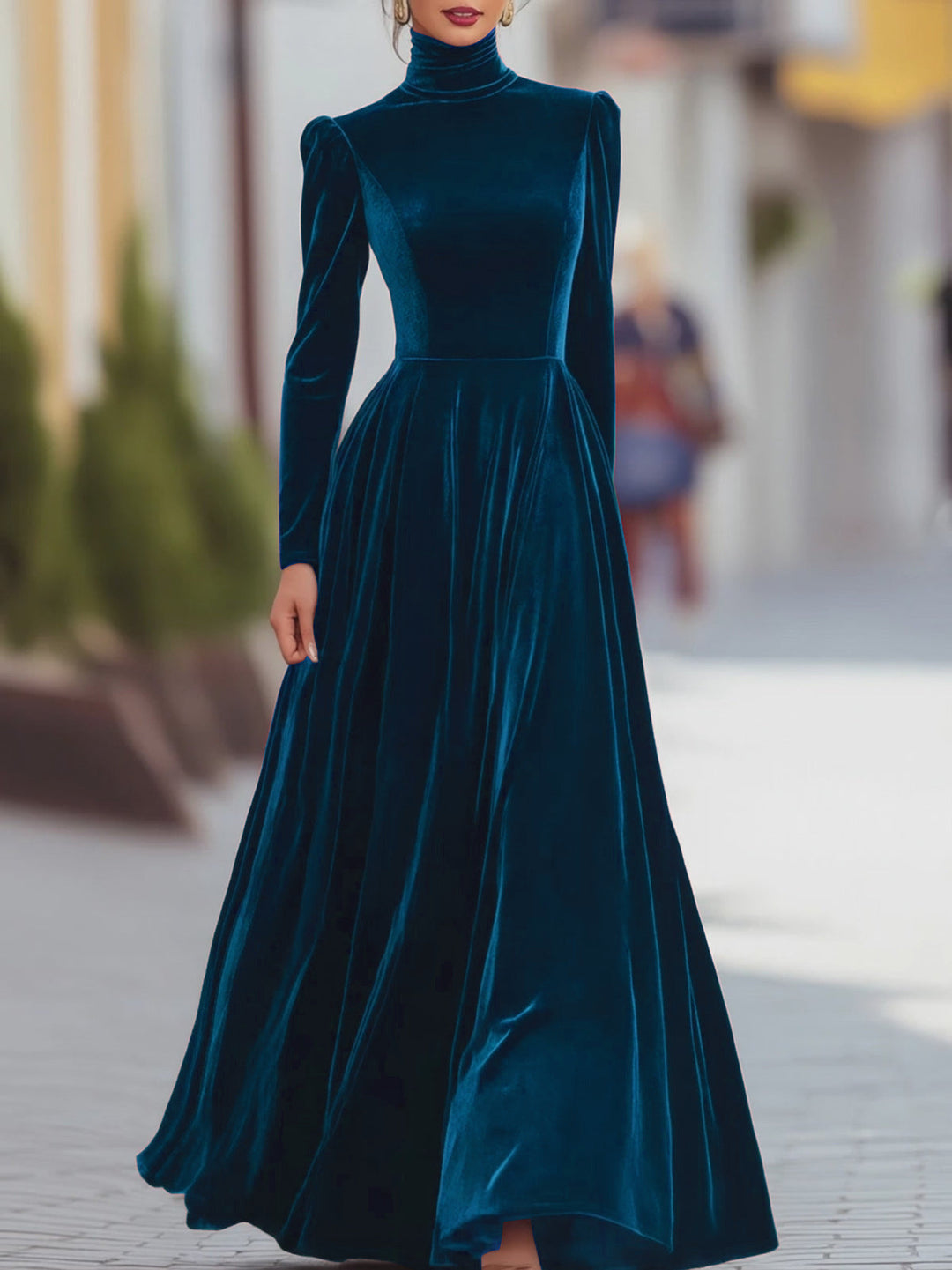 velvet high-neck maxi dress with fitted waist – ODD- MILYA