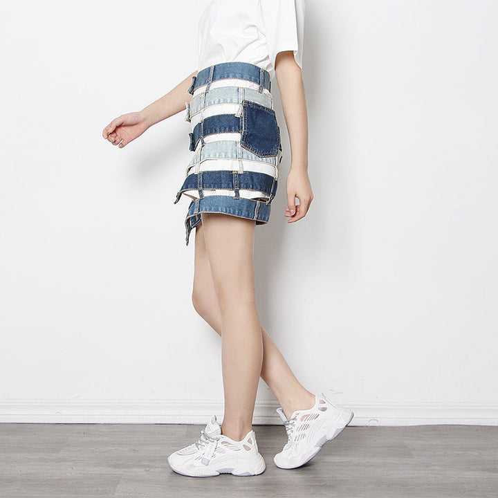 patchwork denim waist belt skirt - ODD- Talikha