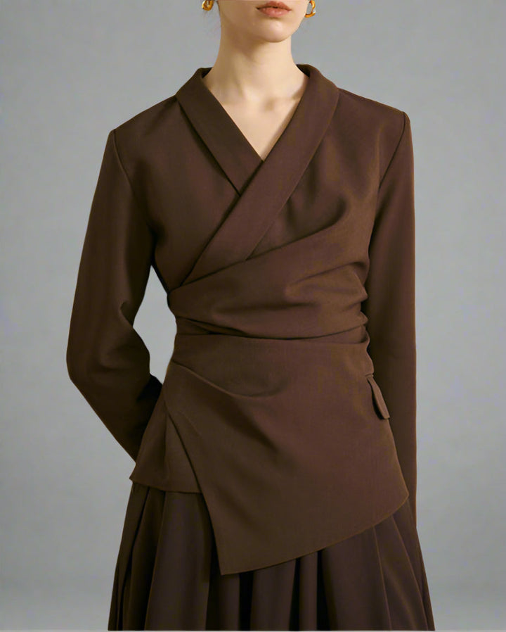 Asymmetrical Draped Blazer Top with V-Neckline - Vancu