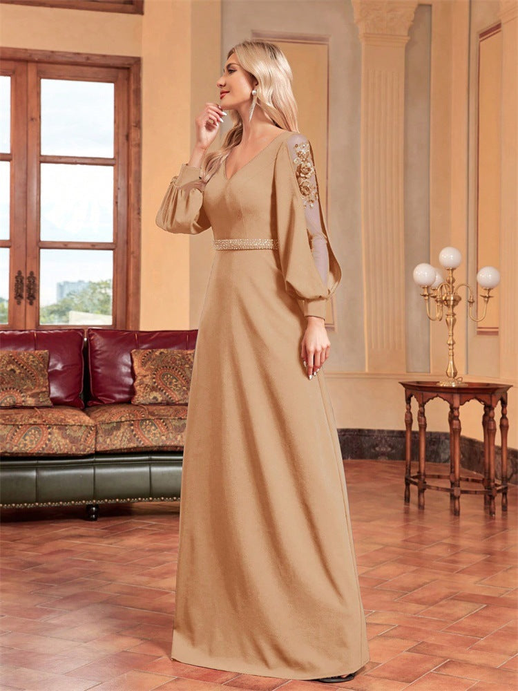 chiffon-sleeve evening gown with beaded waist – MIDNIGHT POISE