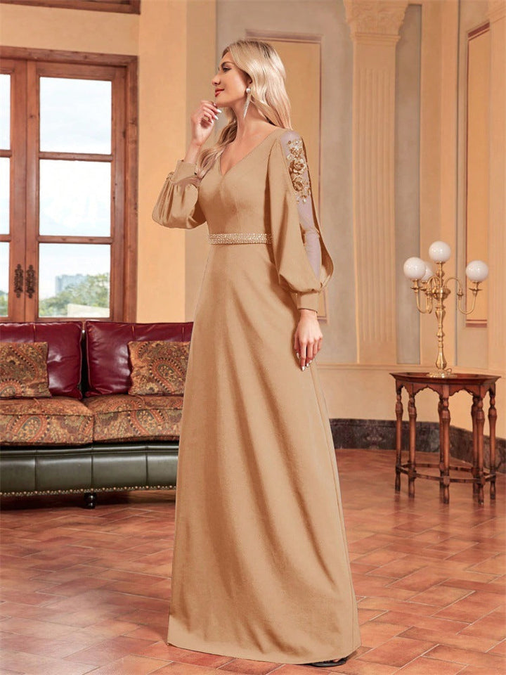 chiffon-sleeve evening gown with beaded waist – MIDNIGHT POISE