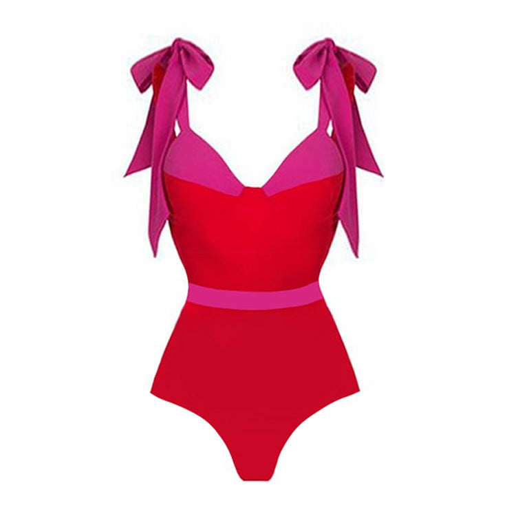 bow-strap contrast swimsuit with side-slit wrap skirt – RIBBON