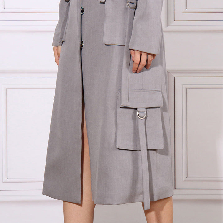 tailored long utility blazer dress with strap details – ODD- GRAYSON