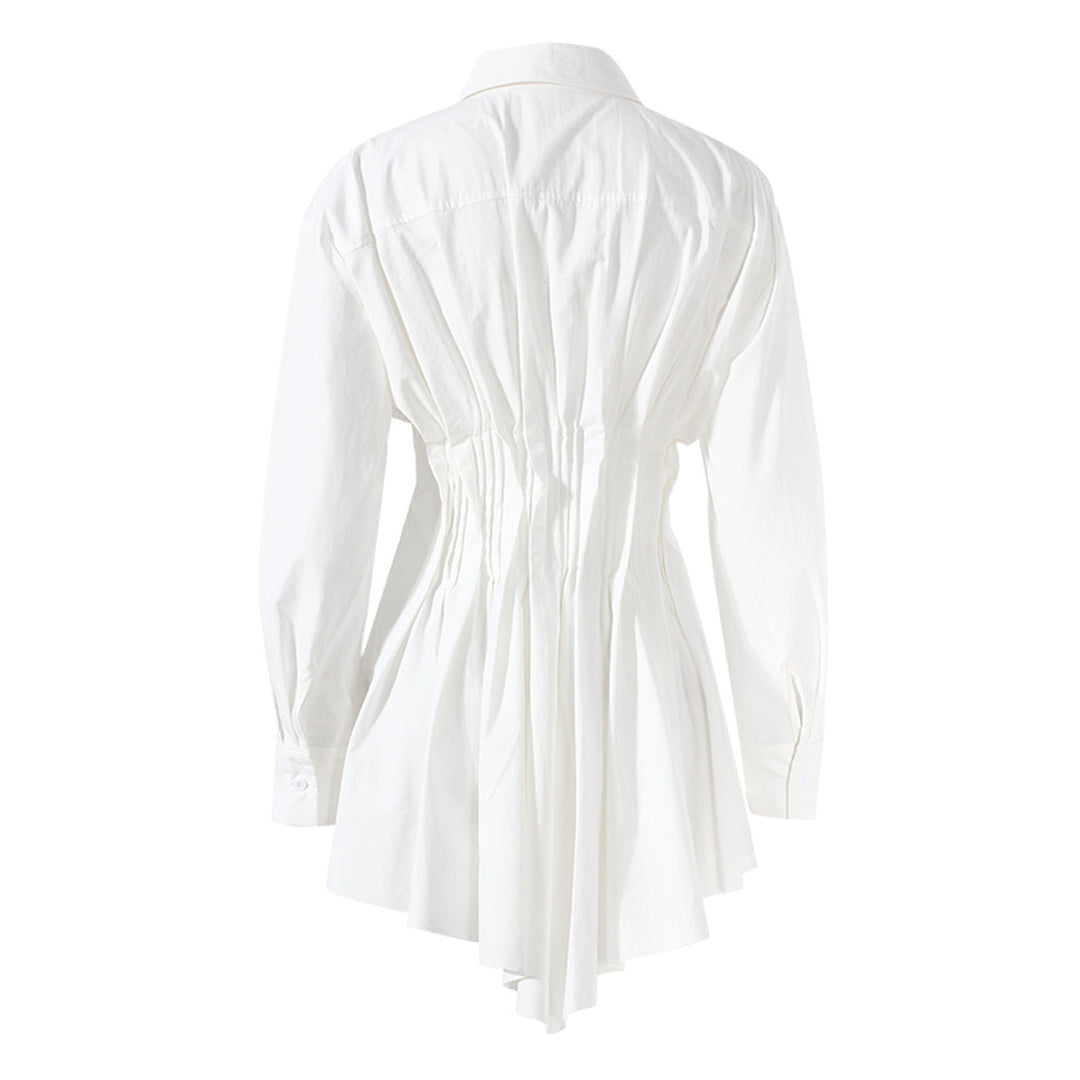 long-sleeve button-down shirt with ruched waist and flared hem – CLEO