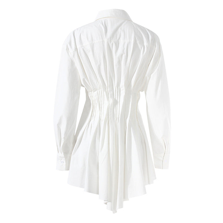 long-sleeve button-down shirt with ruched waist and flared hem – CLEO