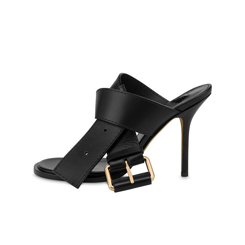 Beige Buckle Strap Stiletto Mule Sandals – VÉLISSA