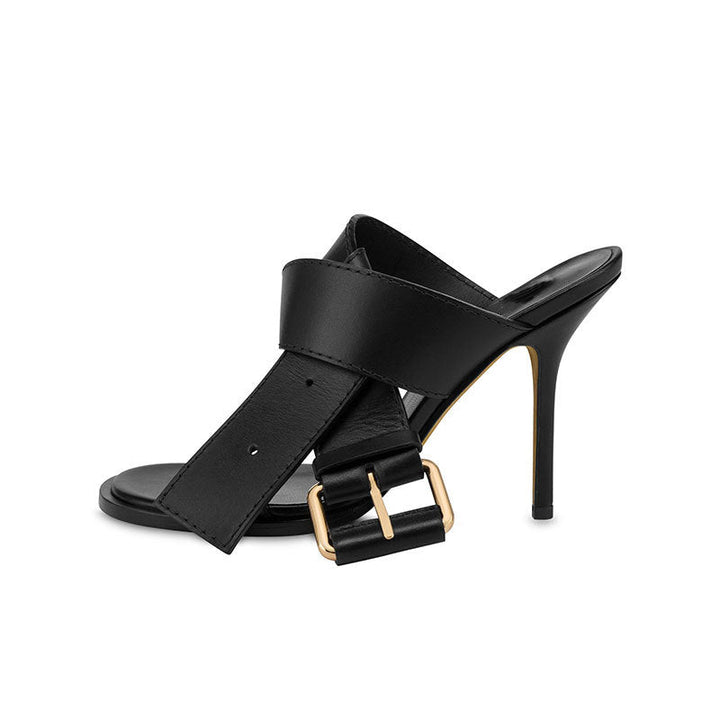 Beige Buckle Strap Stiletto Mule Sandals – VÉLISSA